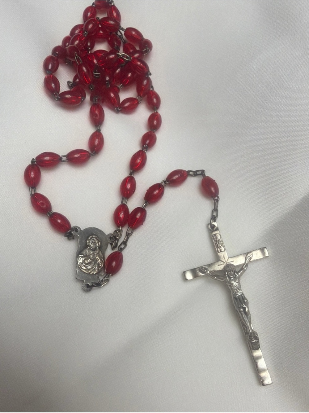 Vtg Plastic Red Beaded Christian Catholic Rosary W/Case Signed Italy 18”